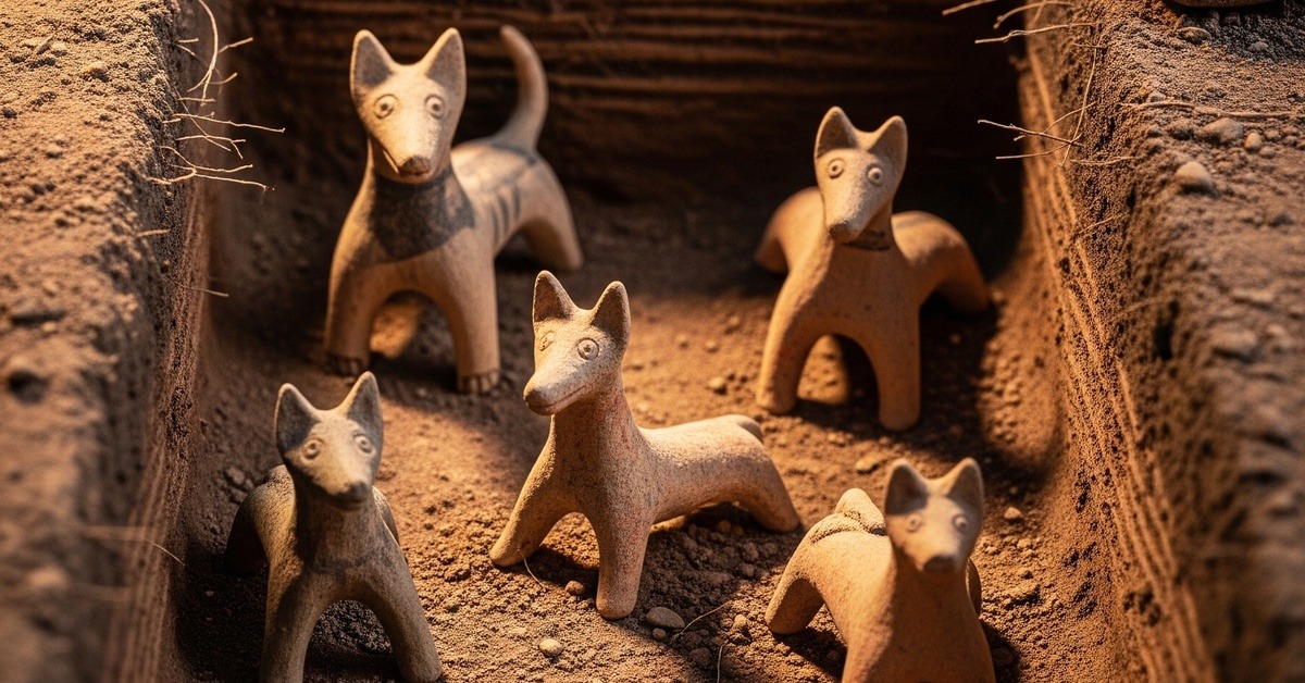 Row of small clay guardian dog figurines excavated from Nineveh palace doorway