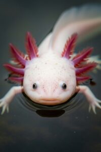 Close-up of a pale axolotl with feathery external gills floating in dark water