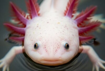Close-up of a pale axolotl with feathery external gills floating in dark water