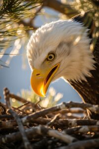 Bald eagle mother leaning forward attentively over eggs in a large nest