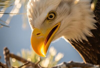 Bald eagle mother leaning forward attentively over eggs in a large nest