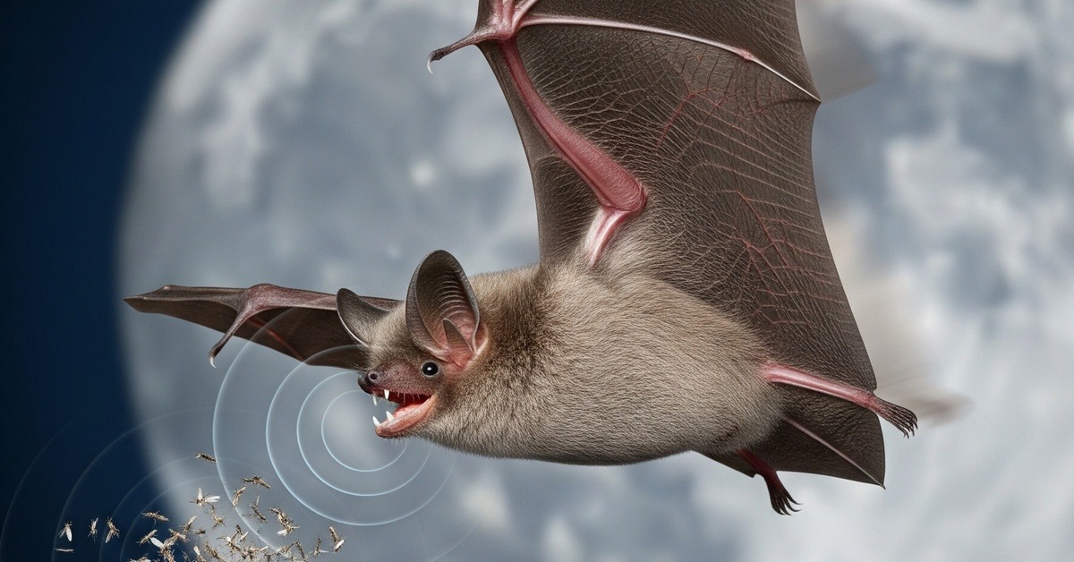 Bat hunting insects at night with echolocation waves illustrated around it