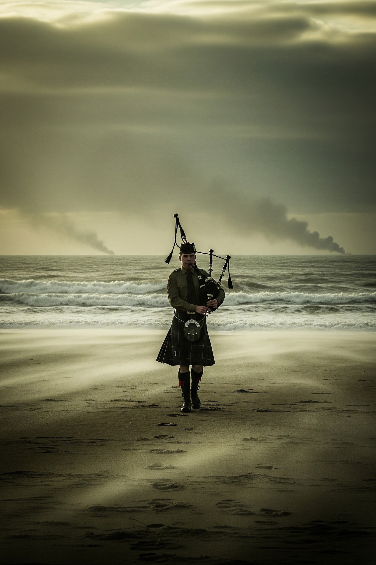 Lone Scottish piper in kilt playing bagpipes on a stormy WWII beach at dawn