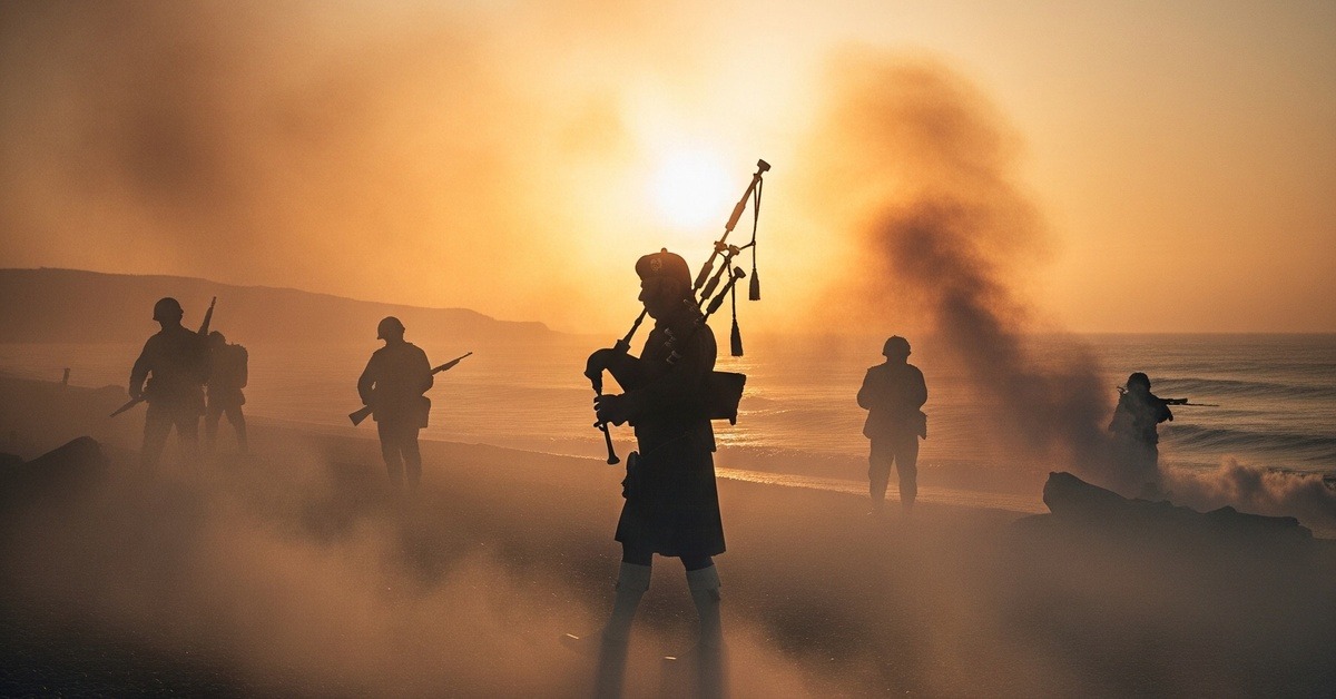 Silhouette of a bagpiper marching through smoke and chaos of wartime battle
