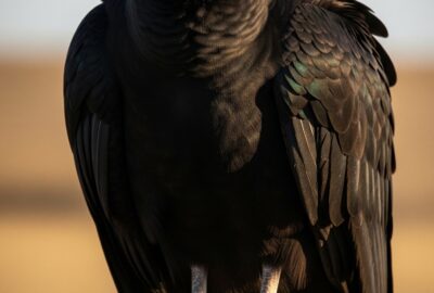 Black vulture spreading five-foot wings wide on a weathered wooden fence post