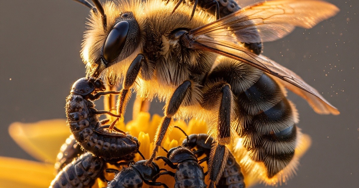 Tiny blister beetle larvae swarming onto a solitary bee during attempted mating in the wild