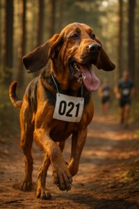 Bloodhound dog running through a forest trail race with medal around her neck