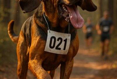 Bloodhound dog running through a forest trail race with medal around her neck