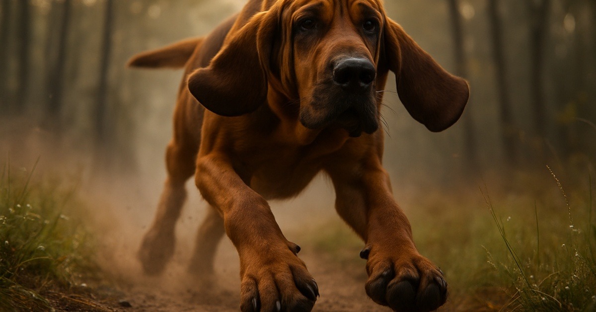 Close-up of a Bloodhound with floppy ears mid-run on a dirt trail at sunrise