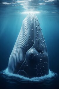 Massive blue whale swimming through deep blue ocean water, sunlight filtering from above
