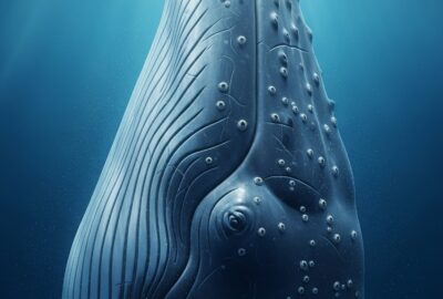 Massive blue whale swimming through deep blue ocean water, sunlight filtering from above