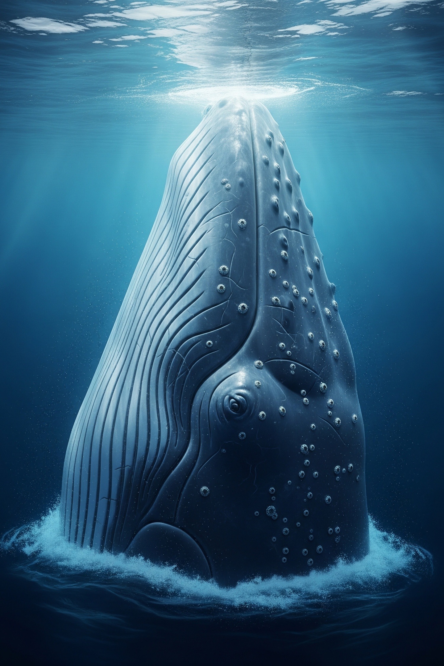 Massive blue whale swimming through deep blue ocean water, sunlight filtering from above