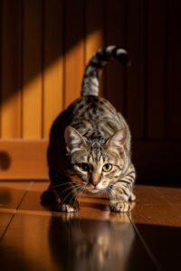 Domestic tabby cat crouching in stalking position mirroring a wild tiger's hunting stance