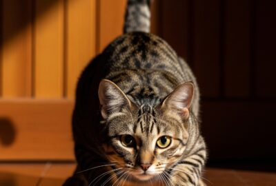 Domestic tabby cat crouching in stalking position mirroring a wild tiger's hunting stance