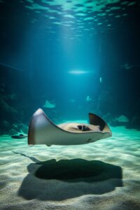 A round stingray gliding gracefully through a dimly lit aquarium tank alone