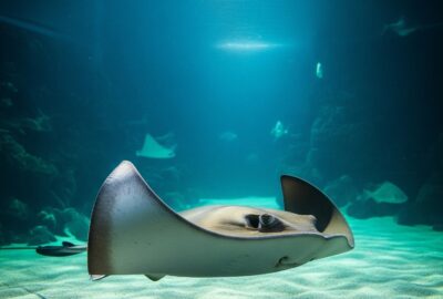 A round stingray gliding gracefully through a dimly lit aquarium tank alone