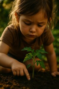 Young girl pressing her finger into soil around a small green tomato seedling
