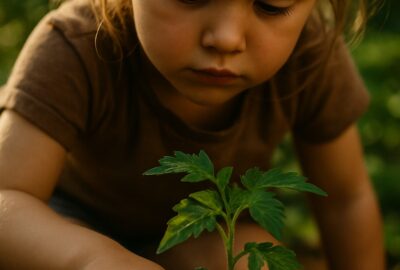 Young girl pressing her finger into soil around a small green tomato seedling