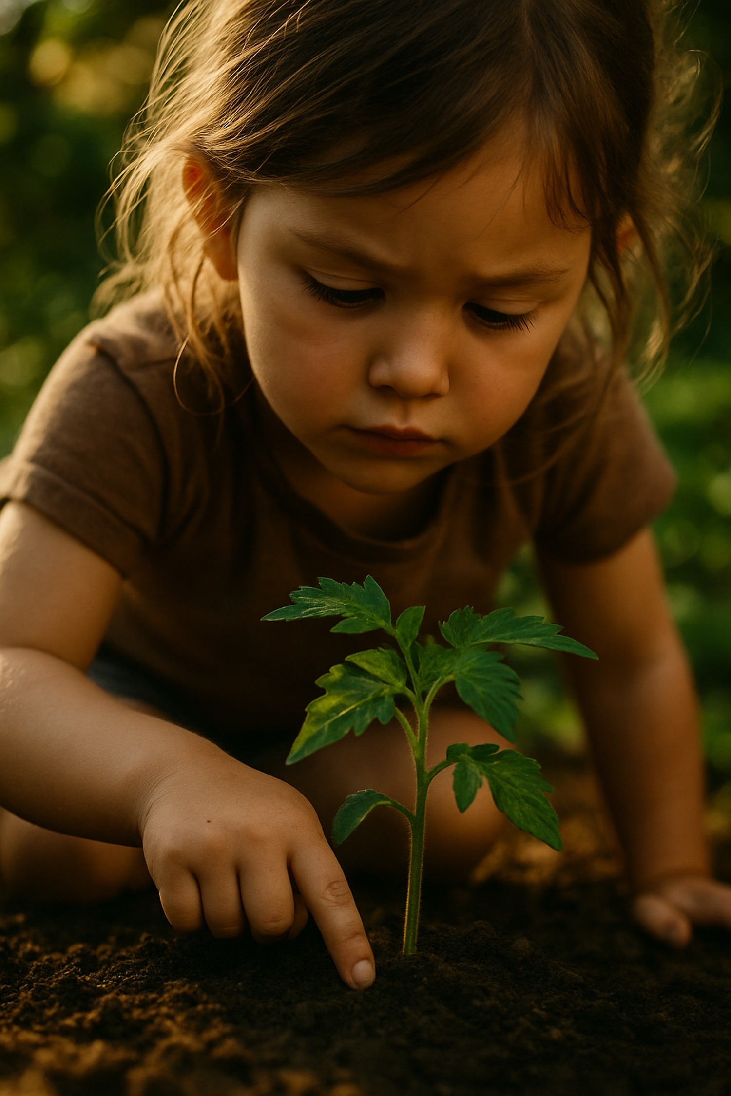 Young girl pressing her finger into soil around a small green tomato seedling