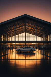 A gleaming Porsche Panamera parked outside a modern gym entrance at dawn