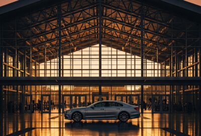 A gleaming Porsche Panamera parked outside a modern gym entrance at dawn
