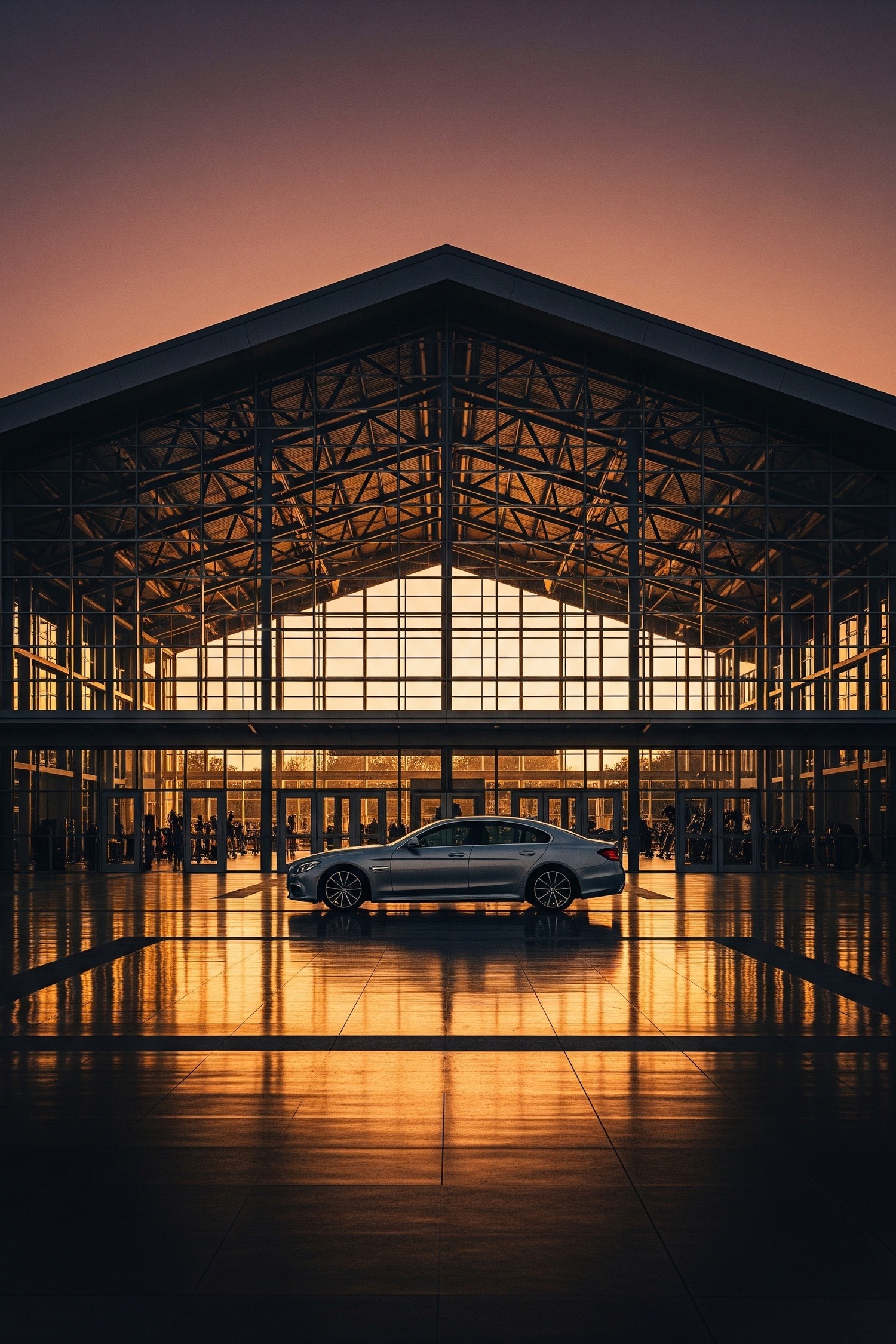 A gleaming Porsche Panamera parked outside a modern gym entrance at dawn