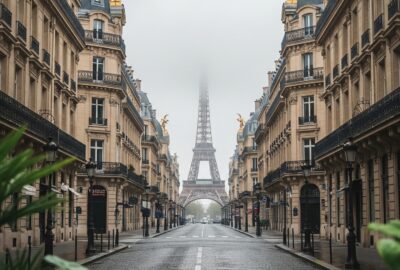 A full-scale Eiffel Tower replica rising above empty rice paddies in Tianducheng China