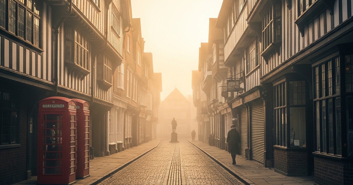 Empty cobblestone European-style street with Tudor facades in a deserted Chinese town
