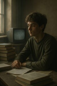 A young man staring blankly at a clock, surrounded by blurred repeating shadows