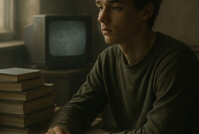 A young man staring blankly at a clock, surrounded by blurred repeating shadows