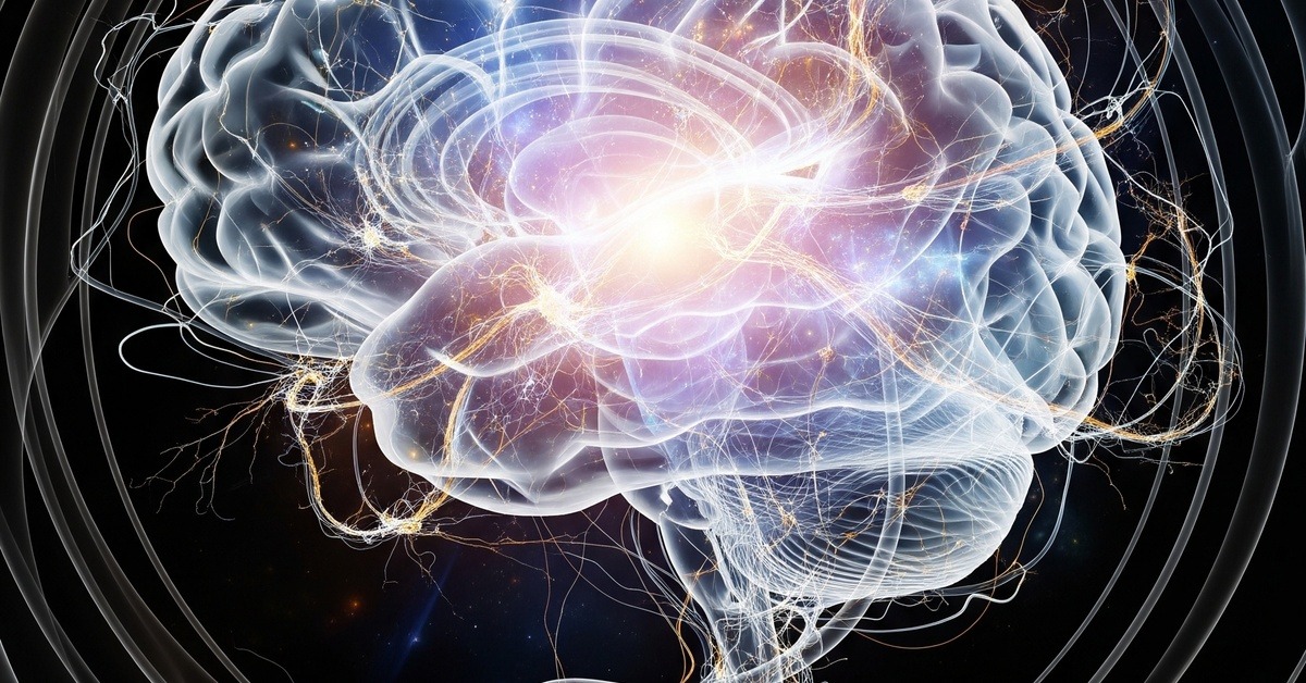 Abstract brain scan visualization glowing with temporal lobe memory pathways