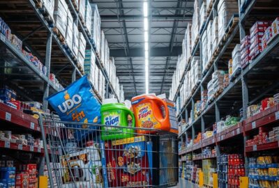 Massive Costco warehouse aisle packed with bulk goods under bright industrial lights