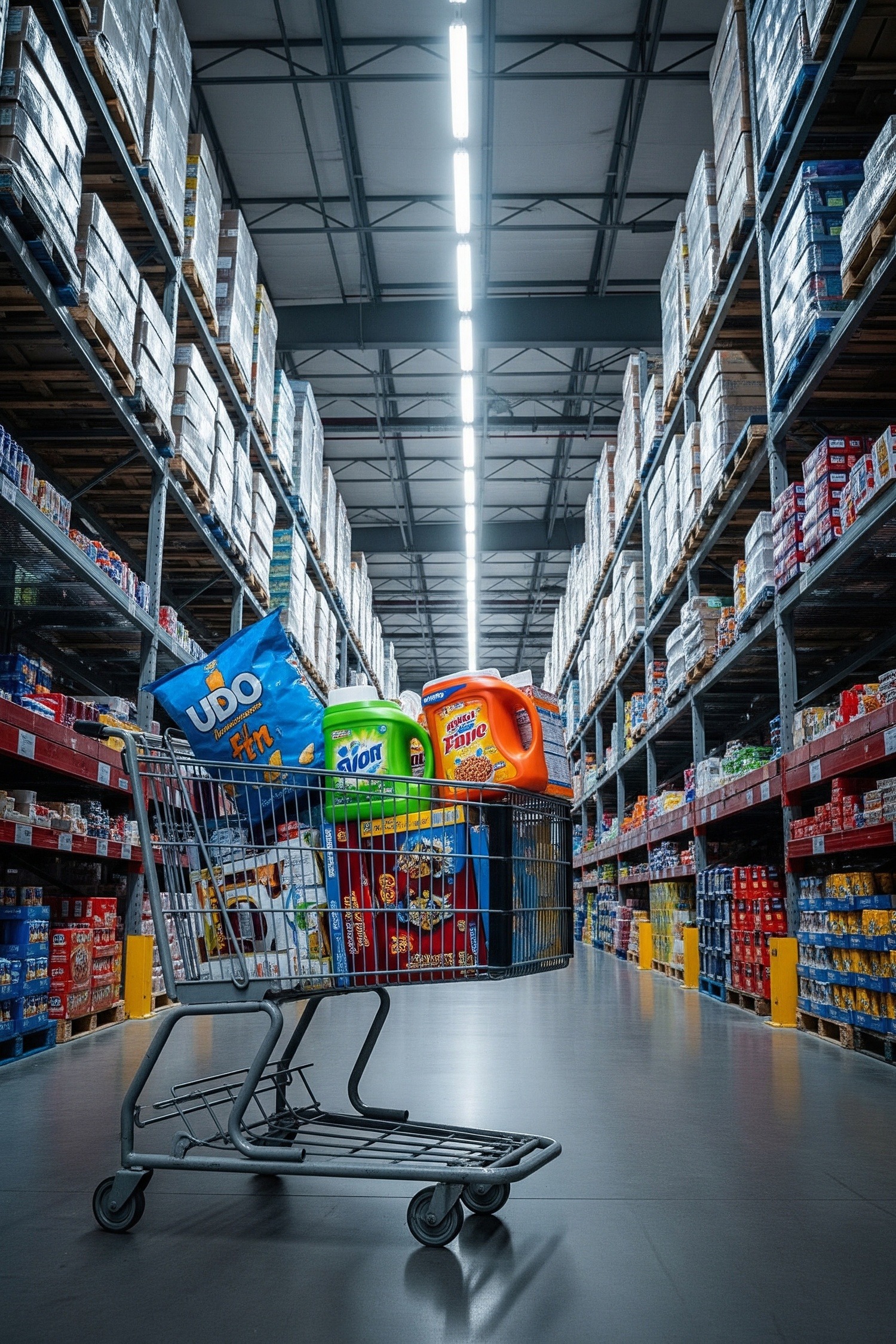 Massive Costco warehouse aisle packed with bulk goods under bright industrial lights