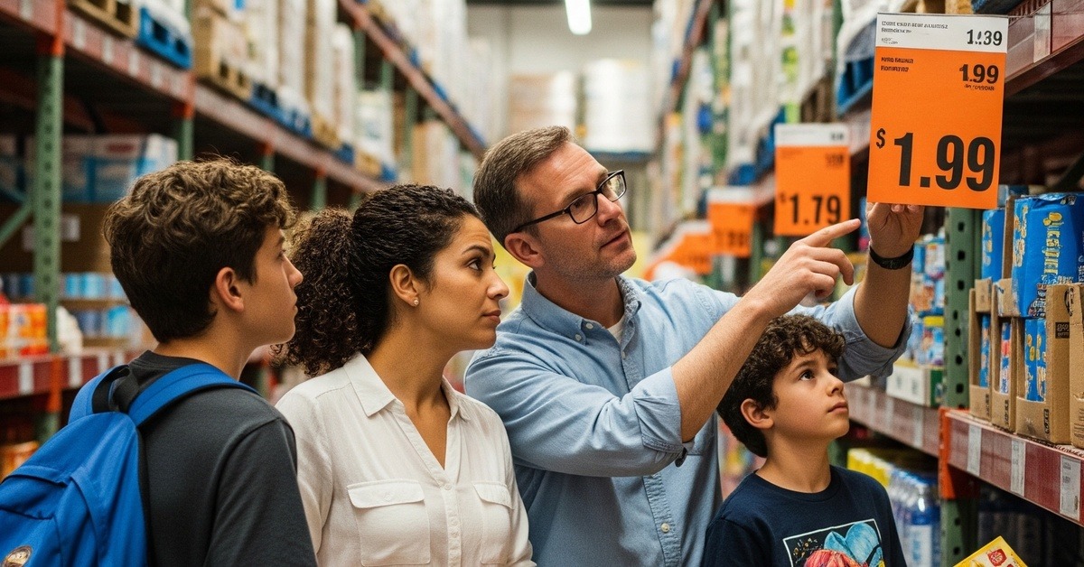 Family comparing grocery prices on a cart filled with bulk warehouse products