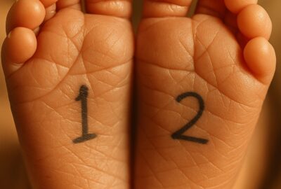 Tiny newborn twin feet with gentle marker numbers written on soles