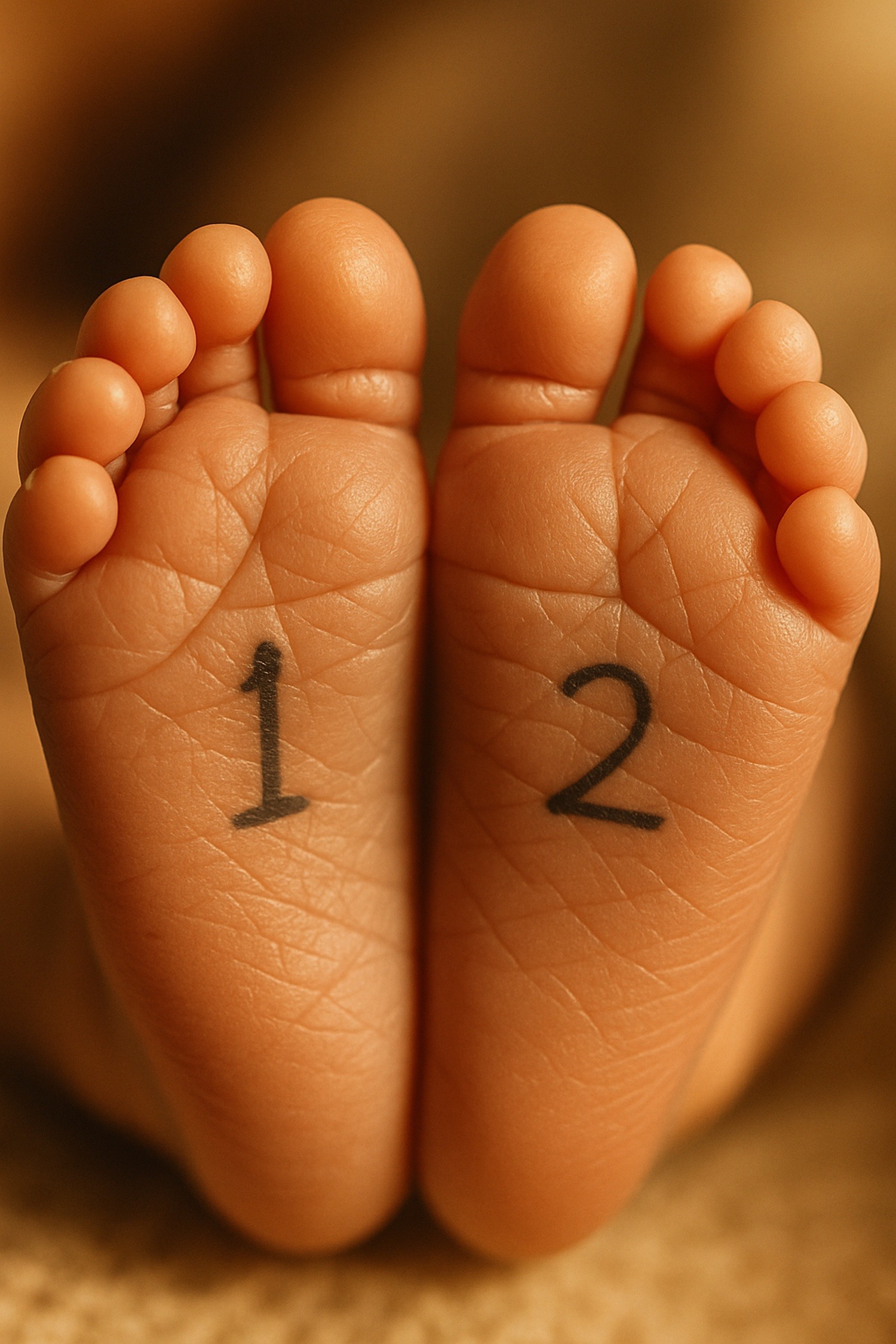 Tiny newborn twin feet with gentle marker numbers written on soles
