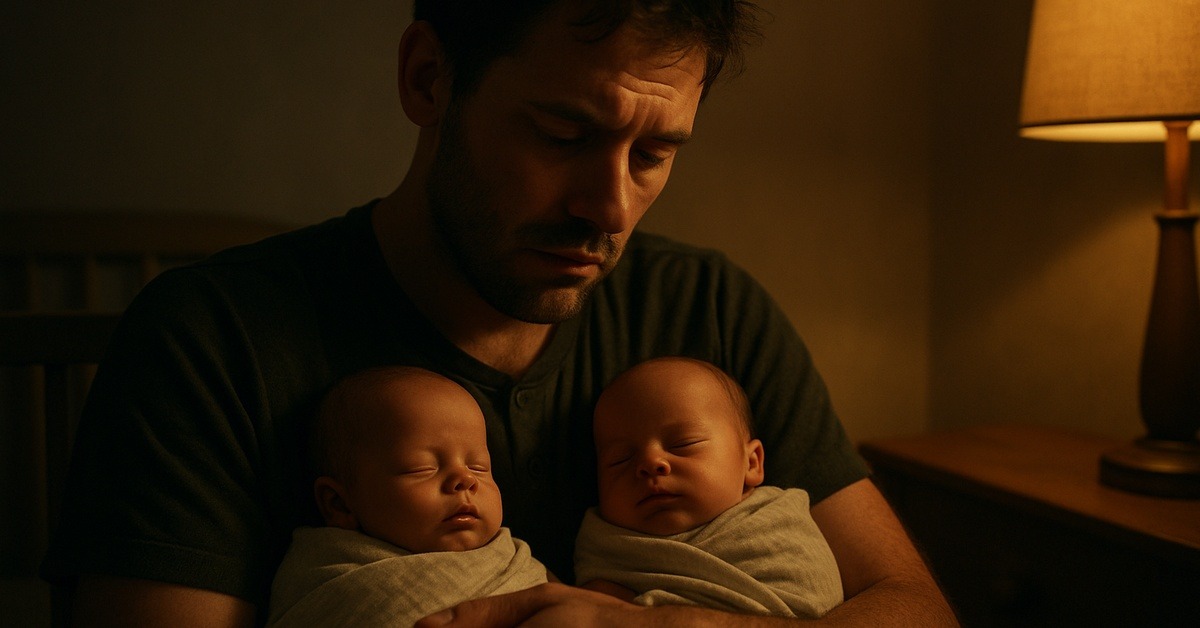 Sleep-deprived father tenderly holding two identical newborn twins together