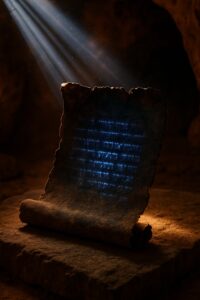 Ancient darkened Dead Sea Scroll fragment illuminated by multispectral imaging light in a cave near Qumran