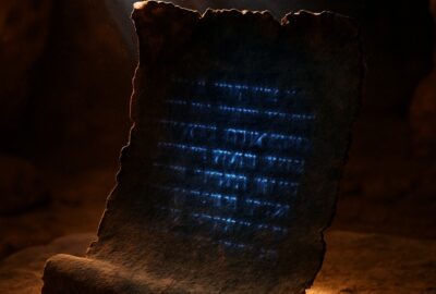 Ancient darkened Dead Sea Scroll fragment illuminated by multispectral imaging light in a cave near Qumran