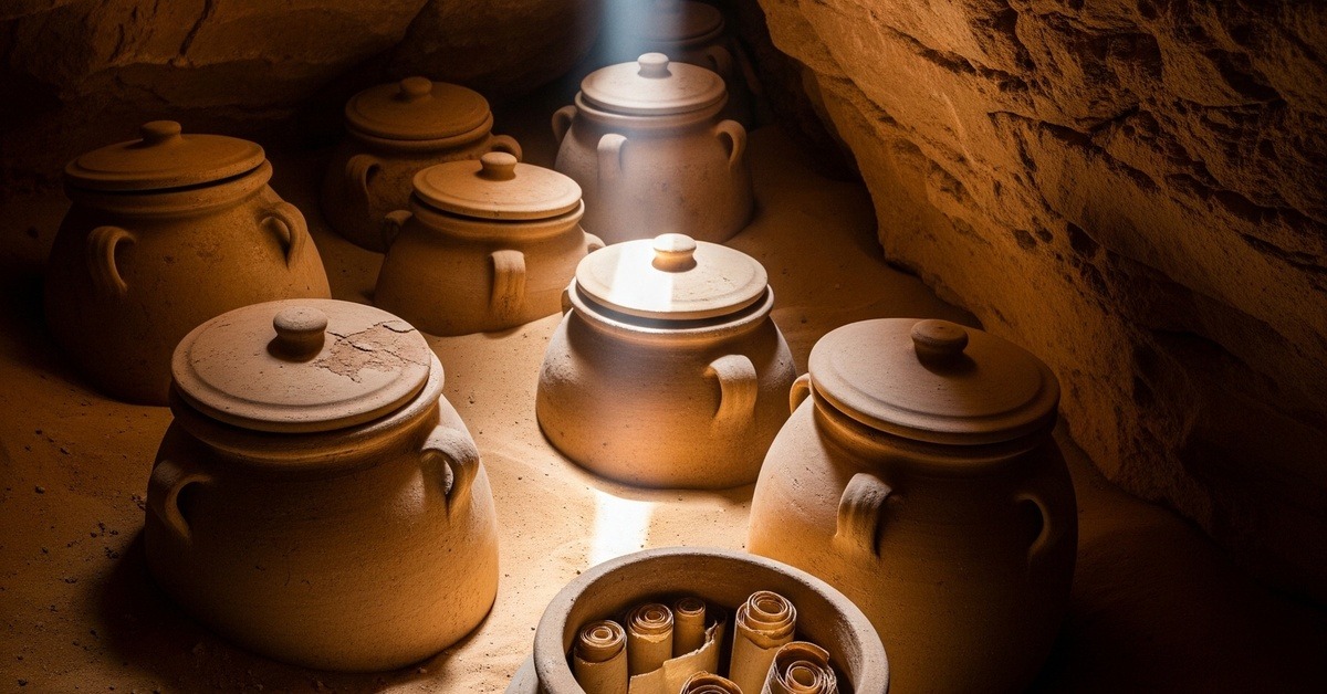 Weathered clay jars sealed inside a desert cave where Dead Sea Scrolls were preserved for two thousand years