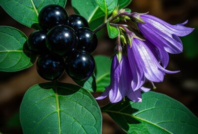 Glossy black belladonna berries and purple bell-shaped flowers on a dark moody background