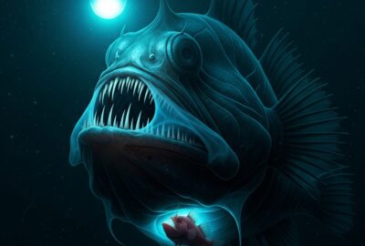 Bioluminescent female anglerfish with tiny fused male in pitch-black deep ocean
