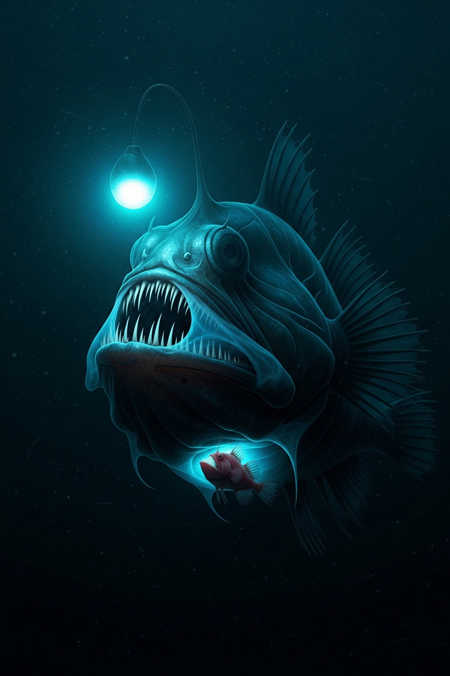 Bioluminescent female anglerfish with tiny fused male in pitch-black deep ocean