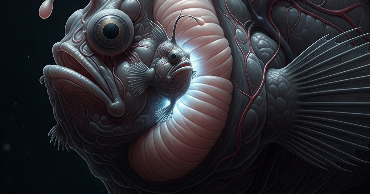 Close-up illustration of anglerfish male fused to female body in deep sea darkness