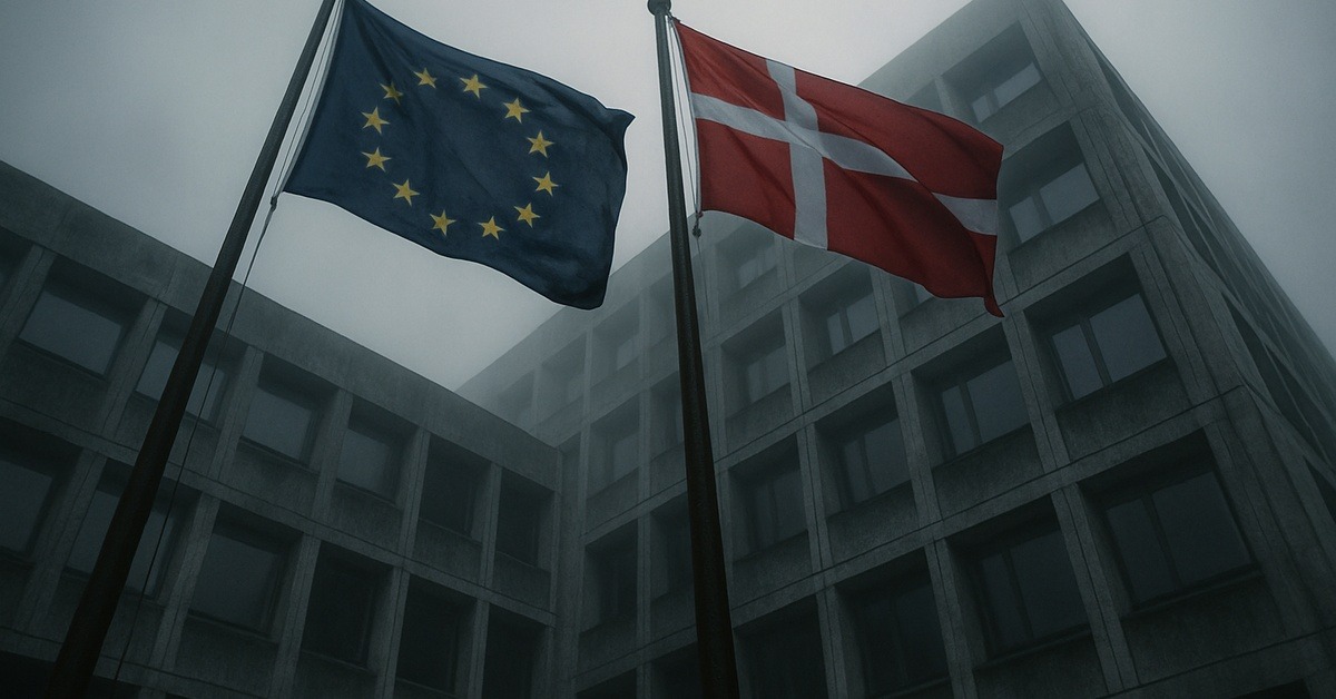 EU and Danish flags side by side outside a European institutional building in Brussels