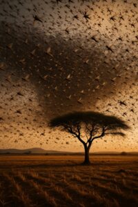 Massive desert locust swarm darkening the sky over dry African farmland at dusk