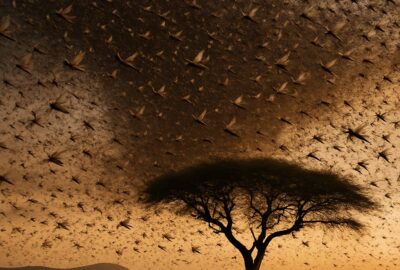 Massive desert locust swarm darkening the sky over dry African farmland at dusk