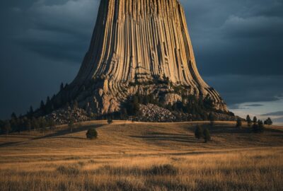 Devil's Tower rising dramatically from flat Wyoming prairie under a wide open sky