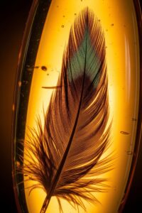 Close-up of a feathered dinosaur tail preserved in golden Cretaceous amber showing vivid color