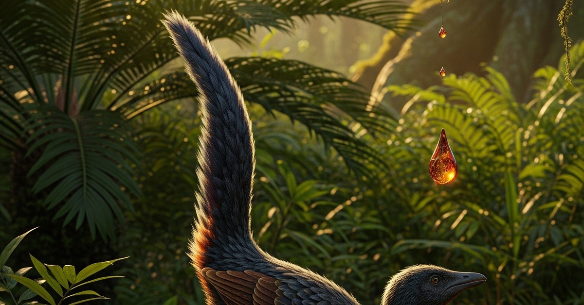 Malý opeřený dinosaurus v křídovém lese — kapka pryskyřice zamrazí jeho iridiscentní ocas uprostřed pohybu